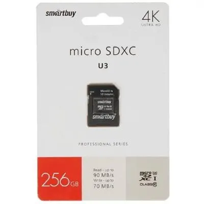 Карта памяти Smartbuy MicroSDXC Class 10 U3 V30 A1 R/W 90/55MB/s 256Gb  