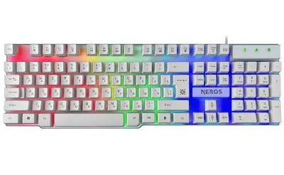 Клавиатура проводная игровая DEFENDER Neros GK-147 RU, 104 кнопки, FN, 1.8м белая, радужная подсветка