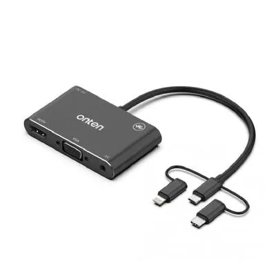 Адаптер переходник конвертер 3в1 с Lightning/Type-C/Micro USB на HDMI+VGA+AV Onten OTN-7585B черный