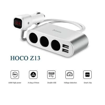 Разветвитель HOCO Z13 LCD 3 прикуривателя + 2USB 2,1A серебро