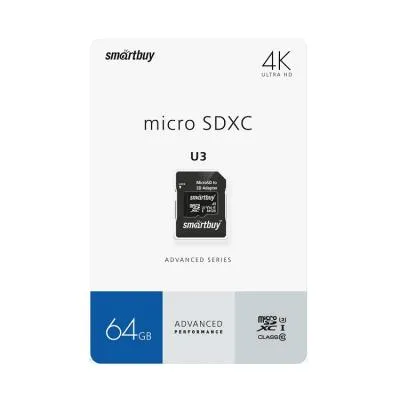 Карта памяти Smartbuy Micro SDXC U3 V30 A1 Advanced Class 10 UHS-3 R/W 90/55MB/s 64Gb 