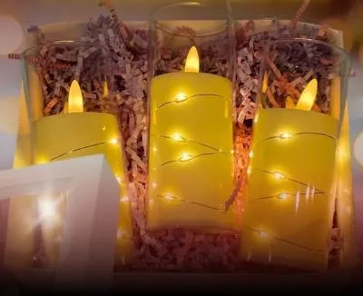 Свеча светодиодная мерцающая декоративная в стакане с диодами 5х15см пластик LZ781 (от батареек 3хLR44)