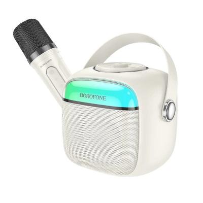 Колонка блютуз с микрофоном караоке Borofone BP15 LED Mini Karaoke молочно-белая 1500mAh